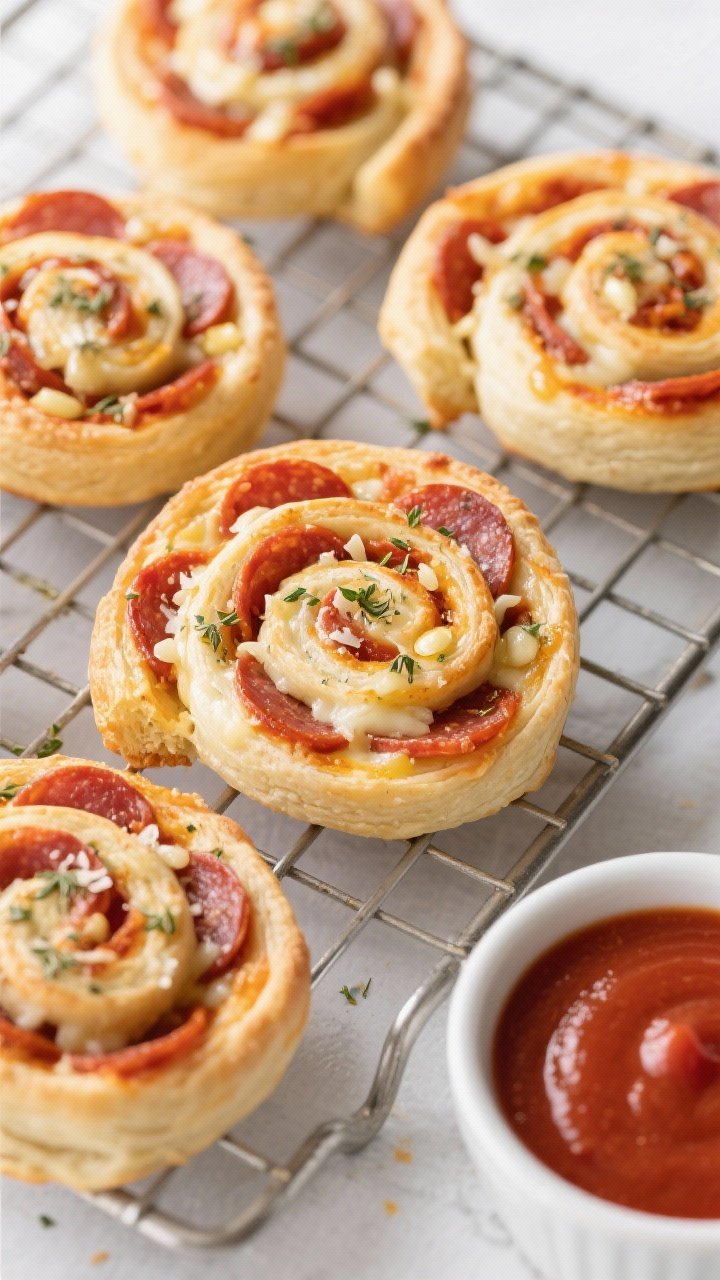 Straight-on shot of pepperoni pizza pinwheels on a cooling rack, spiral layers showing pizza sauce, melted low-moisture mozzarella, and pepperoni coins; edges brushed with herby garlic butter speckled with dried oregano and grated Parmesan; a small bowl of extra pizza sauce for dipping; flaky golden pastry texture highlighted, clean background to emphasize the swirls.