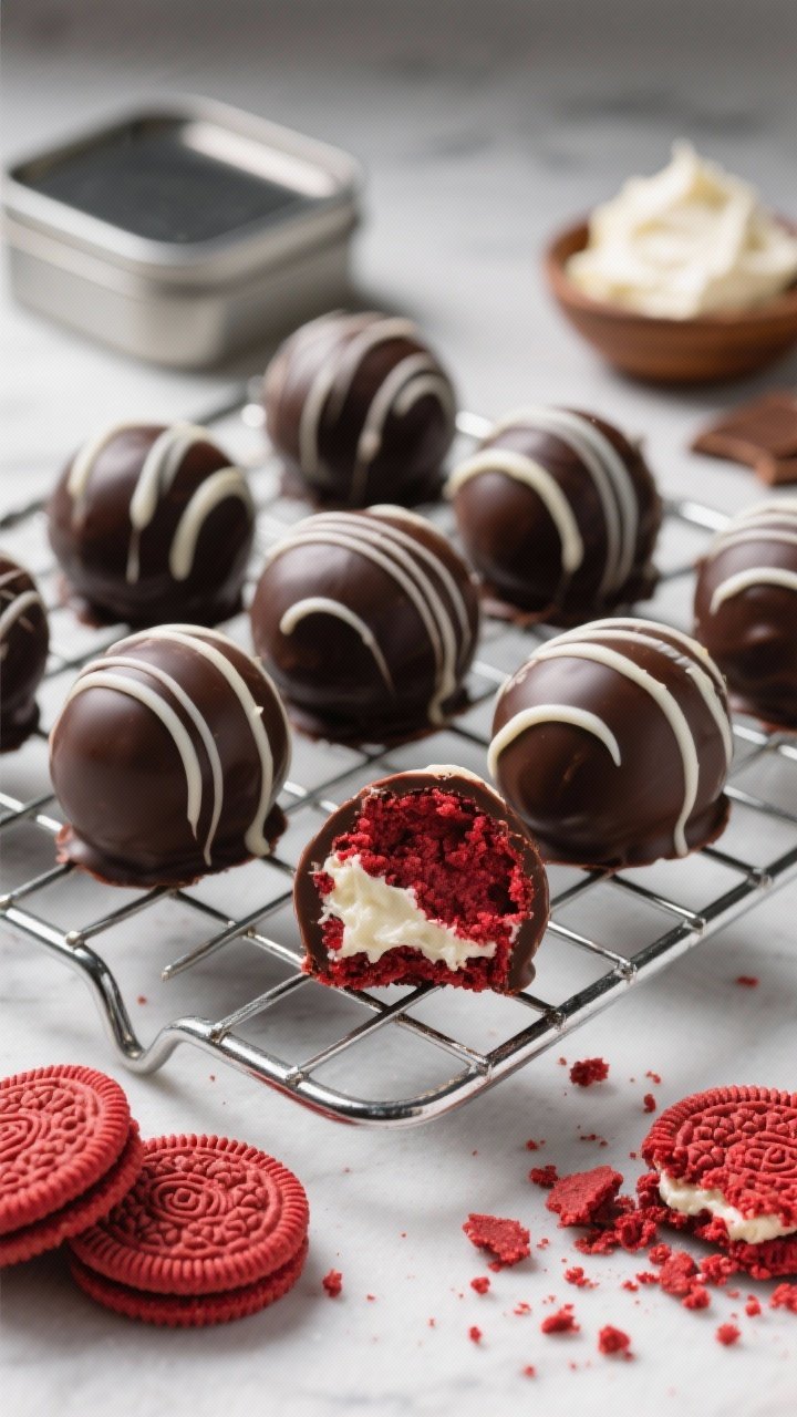 Straight-on shot of red velvet Oreo truffles on a wire rack: smooth spheres coated in glossy dark chocolate, some drizzled with thin white chocolate swirls; a few cut open to reveal the cream cheese–bound red velvet cookie center; crumbs of red velvet sandwich cookies scattered, optional cocoa tin and a tiny dish of softened cream cheese in the background; crisp, graphic contrast.