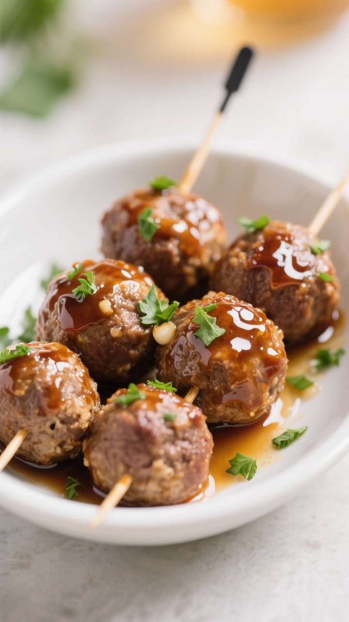 Straight-on shot of sticky honey-garlic meatballs skewered with toothpicks, glazed to a glossy sheen with honey-garlic sauce; meatballs made from beef and pork with breadcrumbs, milk, egg, onion powder, garlic, and parsley; set in a shallow white bowl with extra glaze pooling, sprinkled with fresh chopped parsley; bokeh highlights to emphasize shine and tenderness.