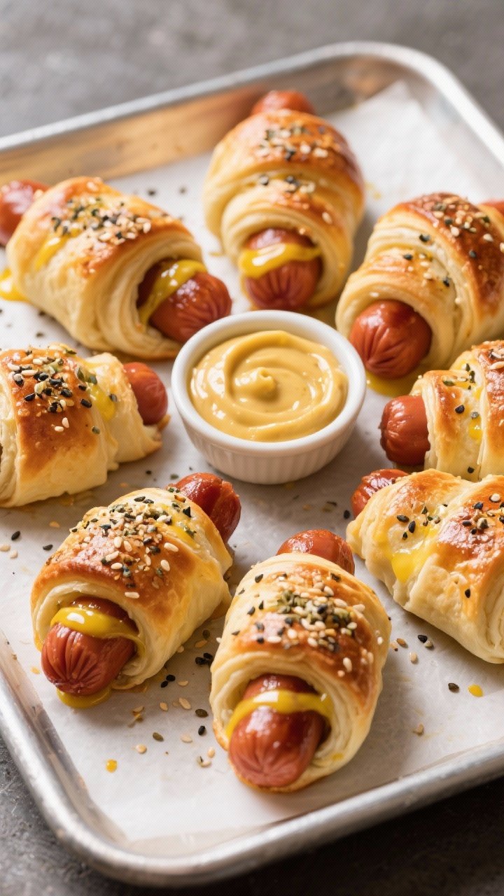 Straight-on tray shot of everything-bagel pigs in a blanket: mini hot dogs wrapped in crescent roll dough, brushed with beaten egg and heavily sprinkled with everything-bagel seasoning; baked to deep golden brown, arranged around a small bowl of Dijon honey dip (Dijon mustard, honey, mayo, pinch of salt); sesame and poppy seeds visibly toasty, crisp laminated layers on the pastry.