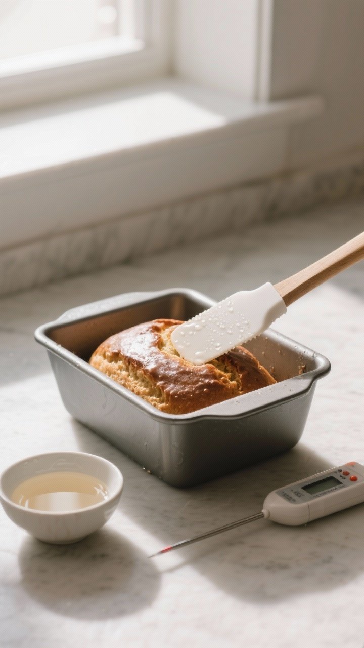 5-inch loaf pan with a damp spatula, center slightly rounded for even rise. Show the glossy surface 
