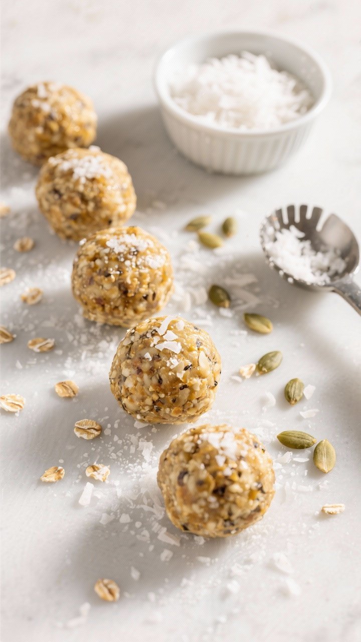 5 inch protein balls chilling to set; arranged in neat rows, sprinkled with flaky sea salt and a sca