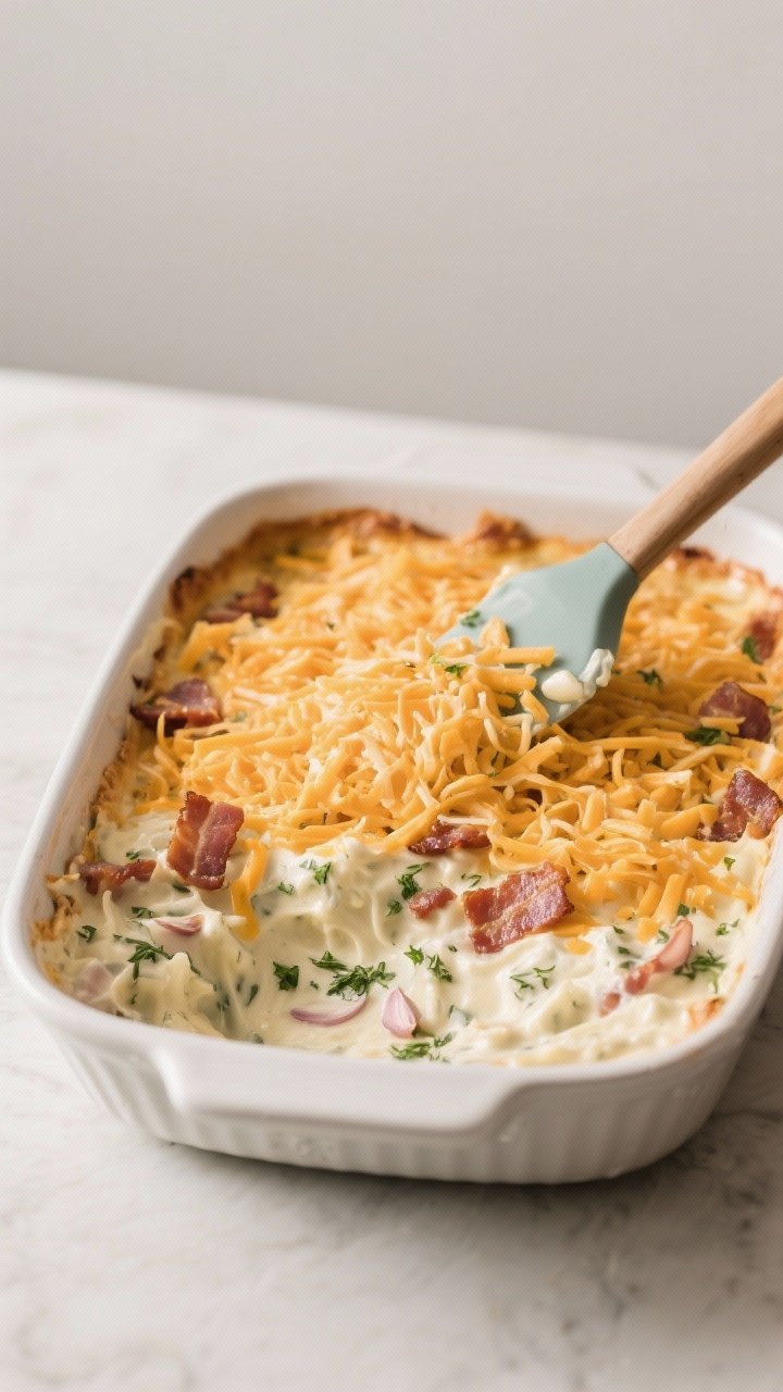 5-quart baking dish with a spatula, showing the creamy mixture marbled with shredded sharp cheddar,