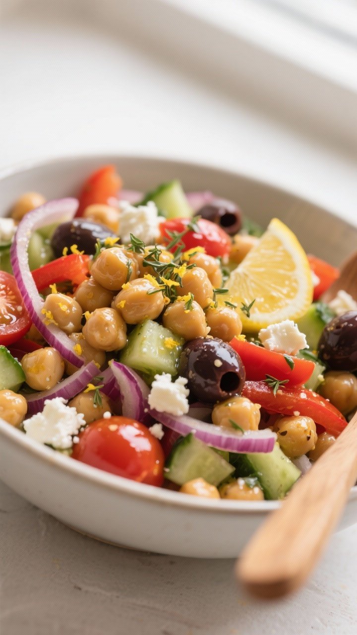 Close-up detail: A bowl of fully dressed Mediterranean chickpea salad just after tossing, glistening