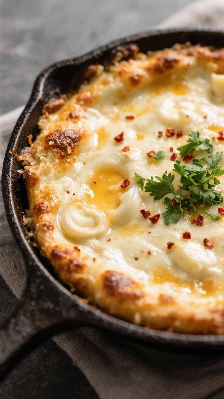Close-up detail: A bubbling Hot Three-Cheese Garlic Dip just pulled from the oven in an 8-inch cast-
