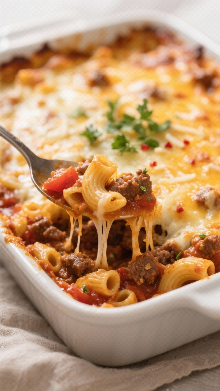 Close-up detail: A bubbling, just-out-of-the-oven Cheesy Beef & Tomato Macaroni Bake with a golden,