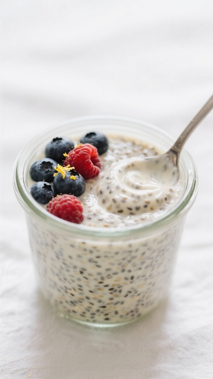 Close-up detail: A chilled glass jar of vegan vanilla chia pudding just out of the fridge, thick and
