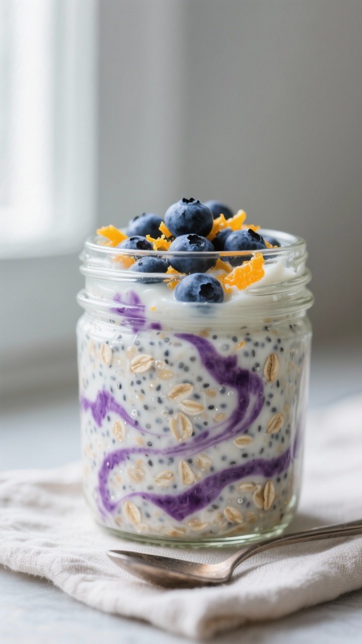 Close-up detail: A chilled jar of Blueberry Citrus Overnight Oats just opened after resting overnigh