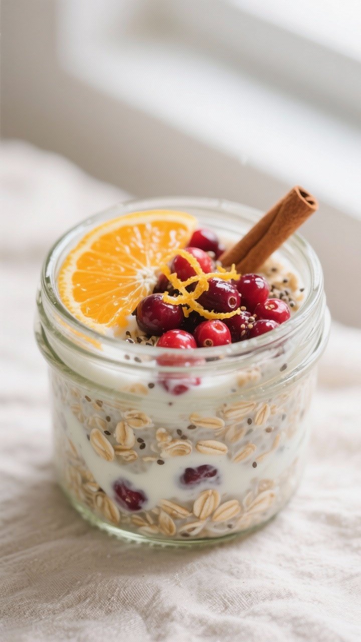 Close-up detail: A chilled jar of Cranberry Orange Winter Overnight Oats just stirred in the morning