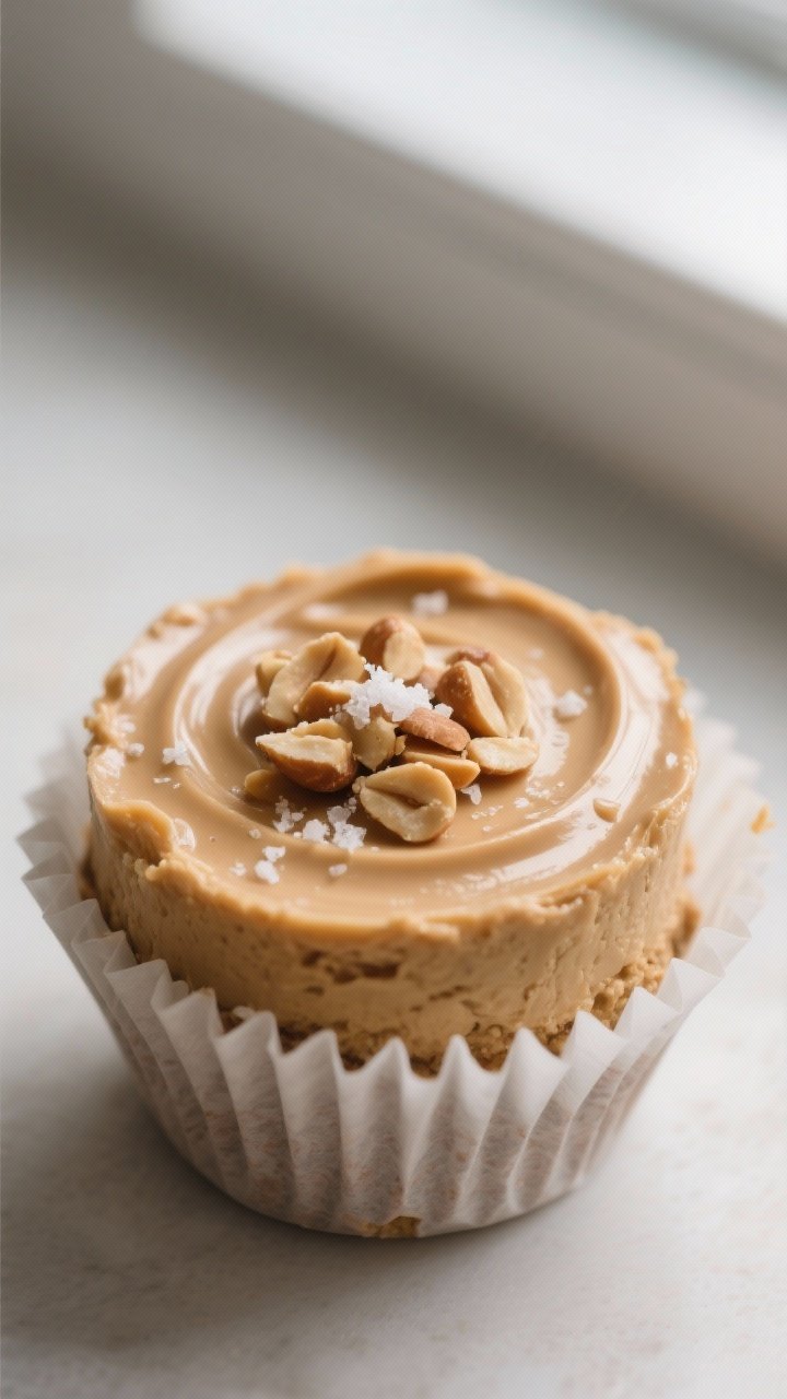 Close-up detail: A chilled no-bake keto peanut butter cheesecake cup just out of the fridge, paper l