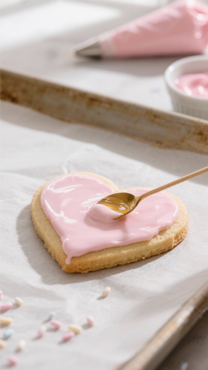 Close-up detail: A cooled heart-shaped sugar cookie being iced, glossy pale pink icing at honey-like
