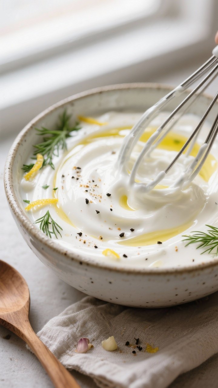 Close-up detail: A creamy Greek yogurt dressing being whisked to a glossy, smooth emulsion in a cera