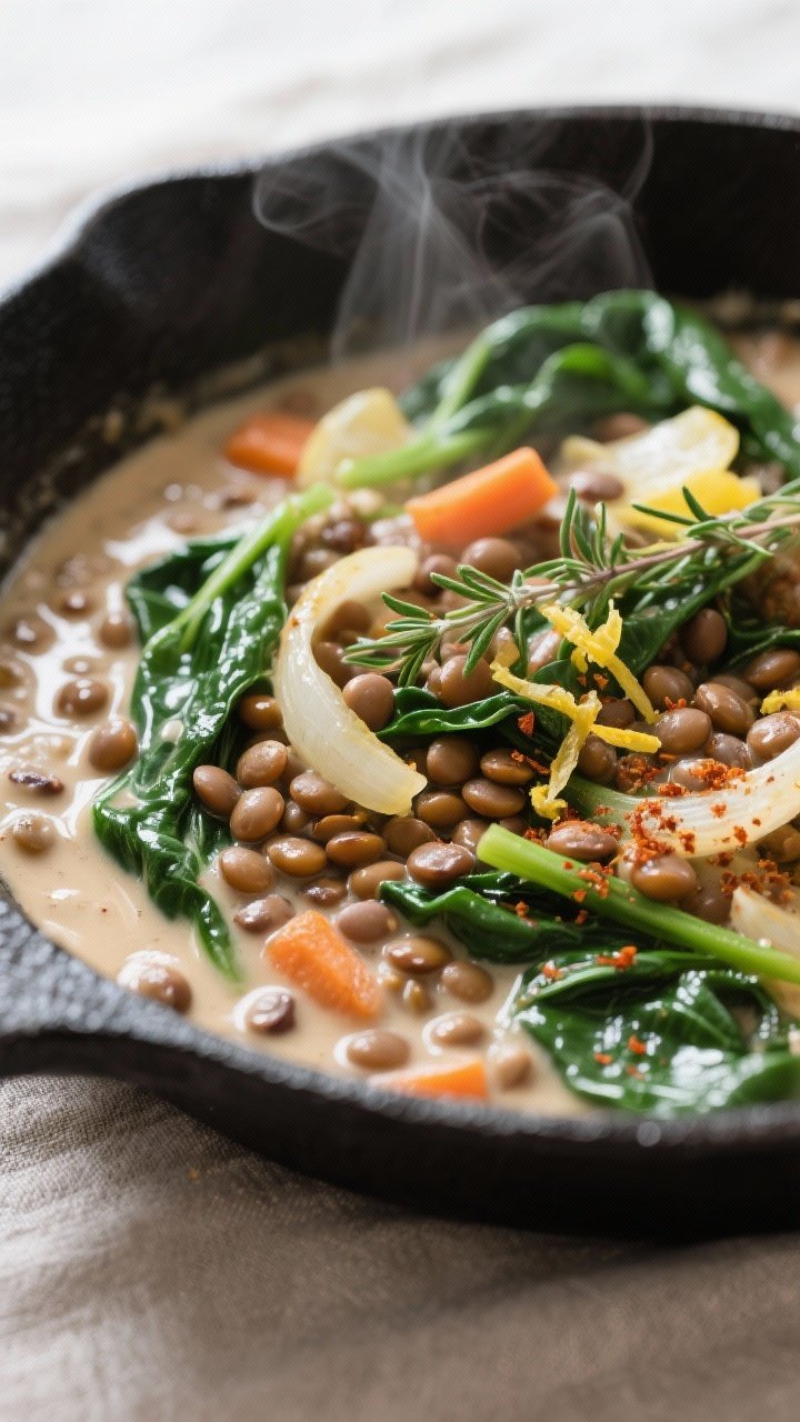Close-up detail: A creamy lentil and spinach skillet just after coconut milk has simmered in, showin