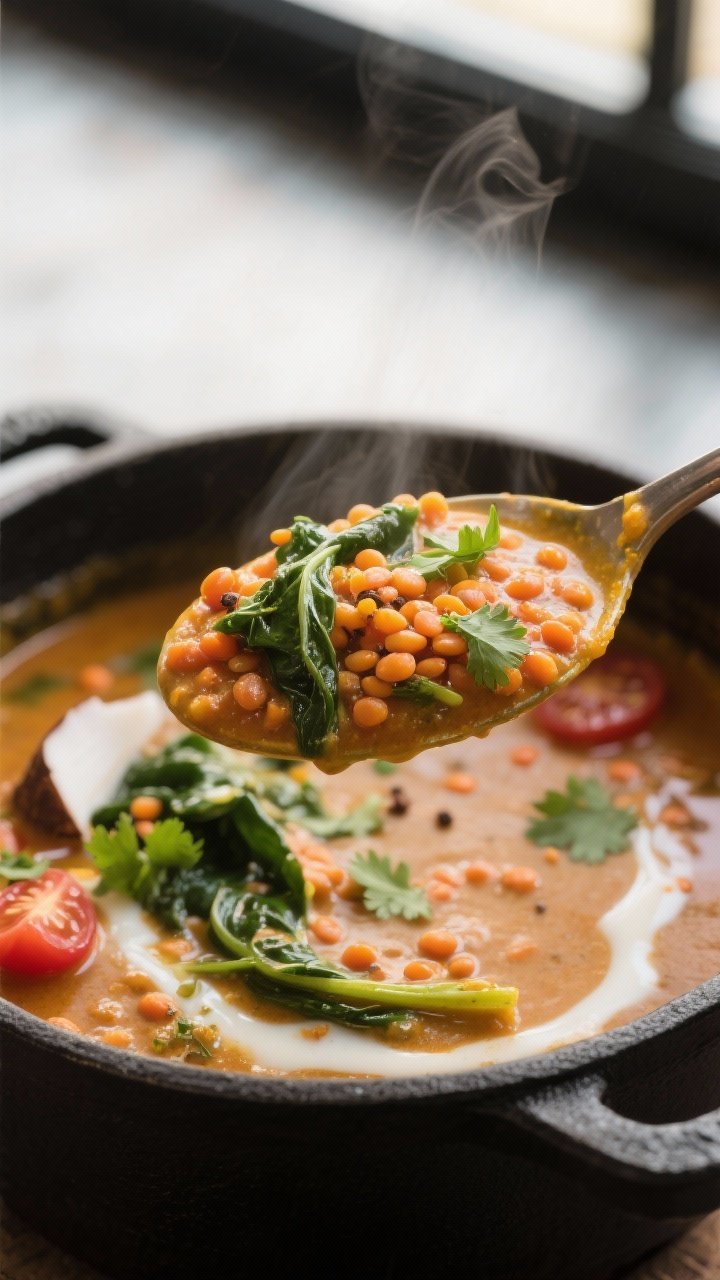 Close-up detail: A creamy spoonful of red lentil coconut curry lifted just above the pot, showing si