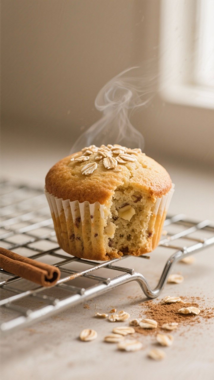 Close-up detail: A freshly baked banana oat cupcake, unfrosted, just out of the tin and resting on a