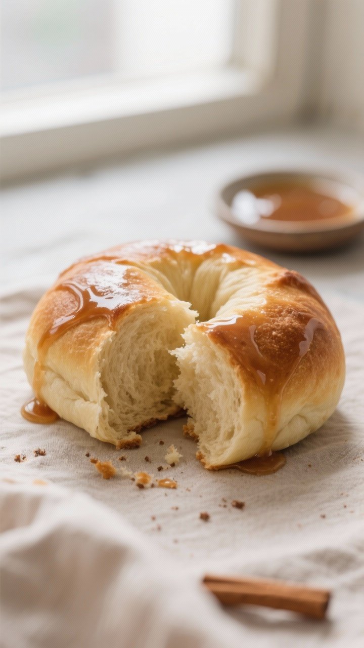 Close-up detail: A freshly baked sourdough discard maple glazed roll torn open to reveal its soft, p