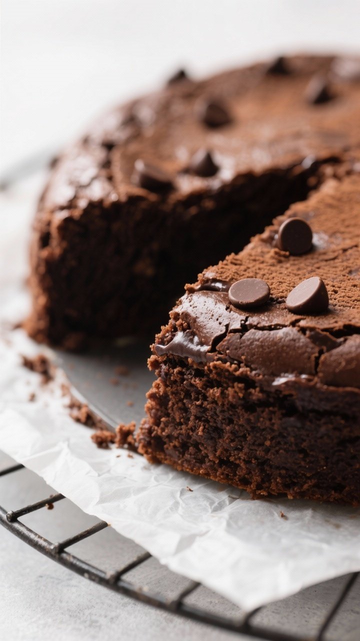 Close-up detail: A freshly baked vegan almond flour chocolate cake just out of the pan, surface crac