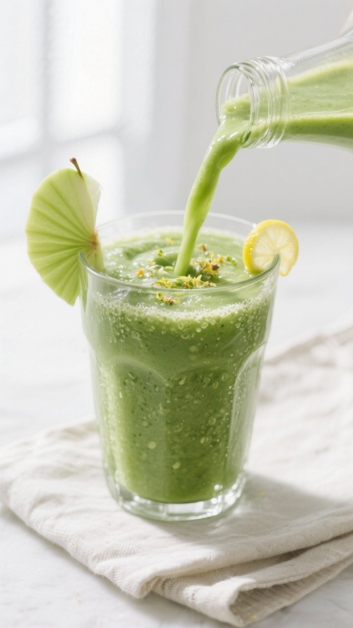 Close-up detail: A freshly blended Lean Green Apple Spinach Smoothie being poured into a chilled cle