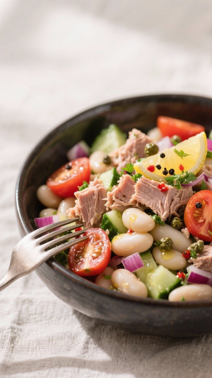 Close-up detail: A glossy bowl of prepared tuna and white bean salad just after dressing, fork-tosse