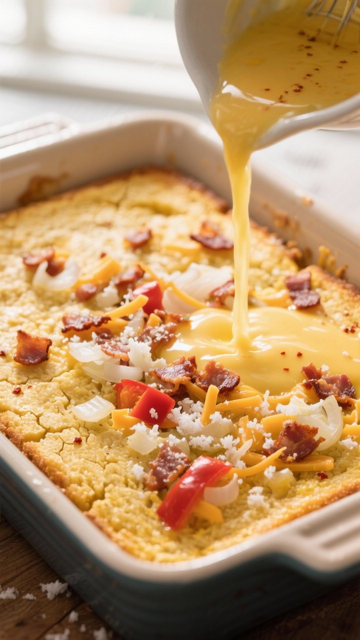 Close-up detail: A golden, par-baked cornbread base in a 9x13 dish just out of the oven, edges light
