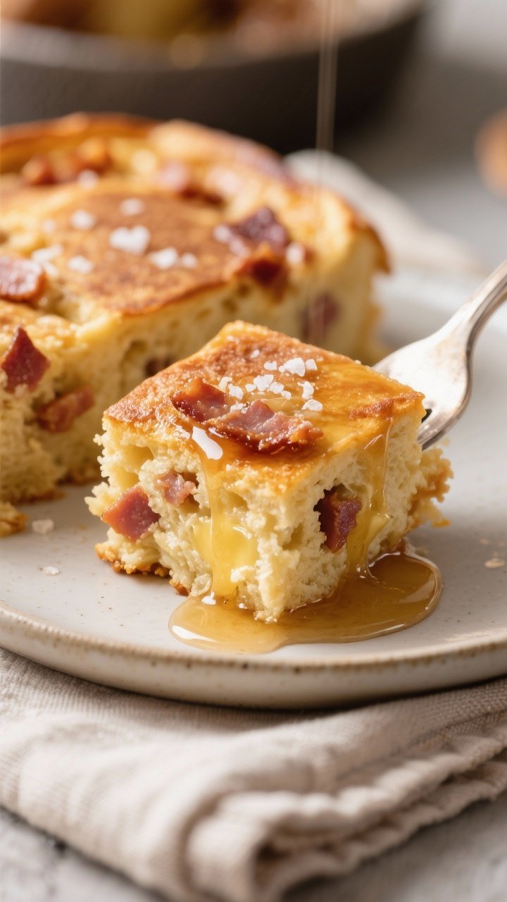 Close-up detail: A just-baked Maple Bacon Pancake Casserole square on a fork, showing the fluffy cru