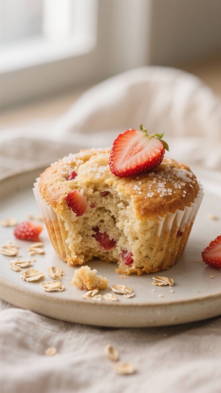 Close-up detail: A just-baked oat flour strawberry muffin torn open to reveal a light, tender crumb