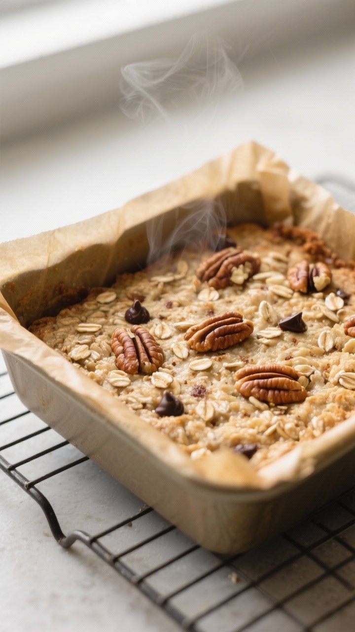 Close-up detail: A just-baked oatmeal breakfast square lifted from a parchment-lined 8x8 pan, edges 