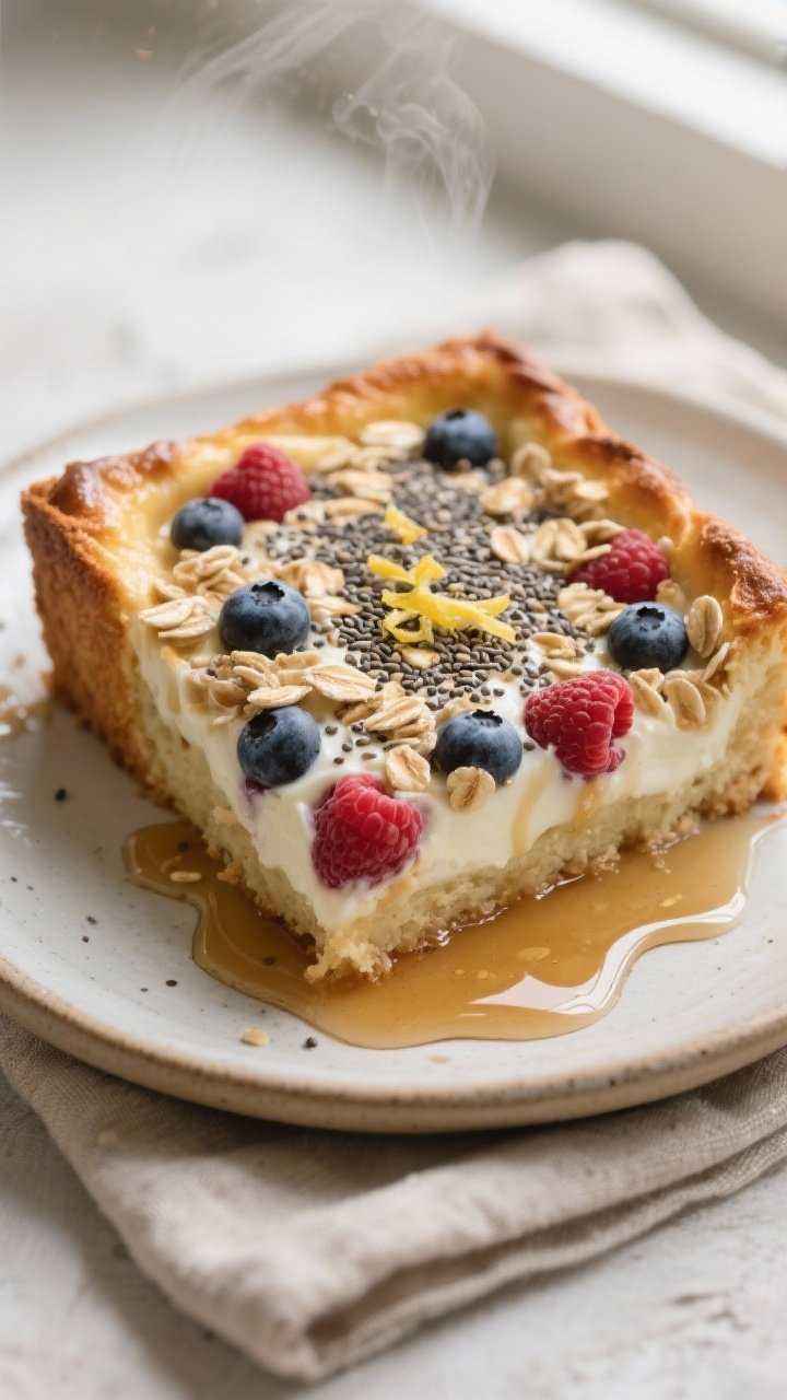 Close-up detail: A just-baked Yogurt & Chia Breakfast Bake square cut from an 8x8 pan, edges lightly