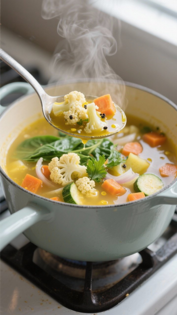 Close-up detail: A ladle lifting cooked Lemon Ginger Detox Veggie Soup from a simmering pot, showcas
