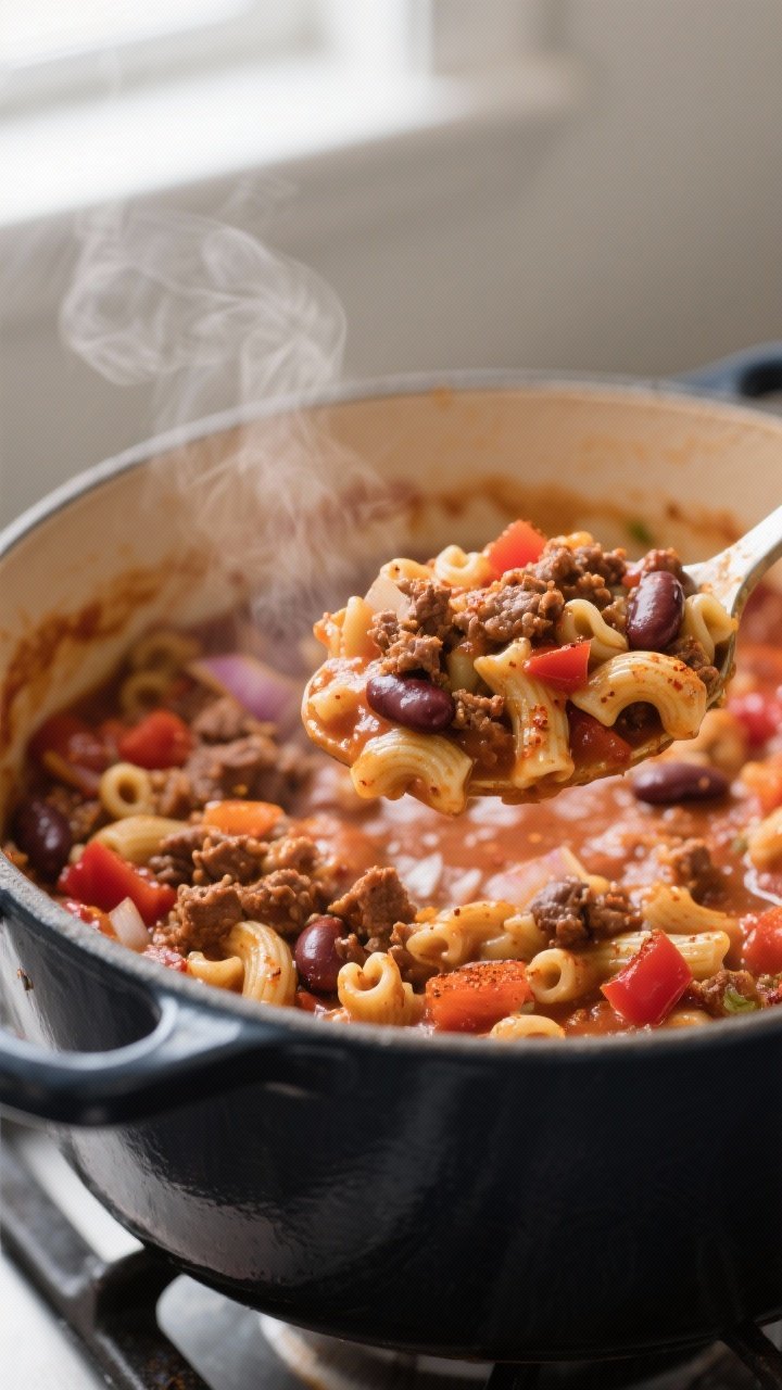 Close-up detail: A ladle lifting creamy chili mac from a Dutch oven mid-simmer, showing glossy whole