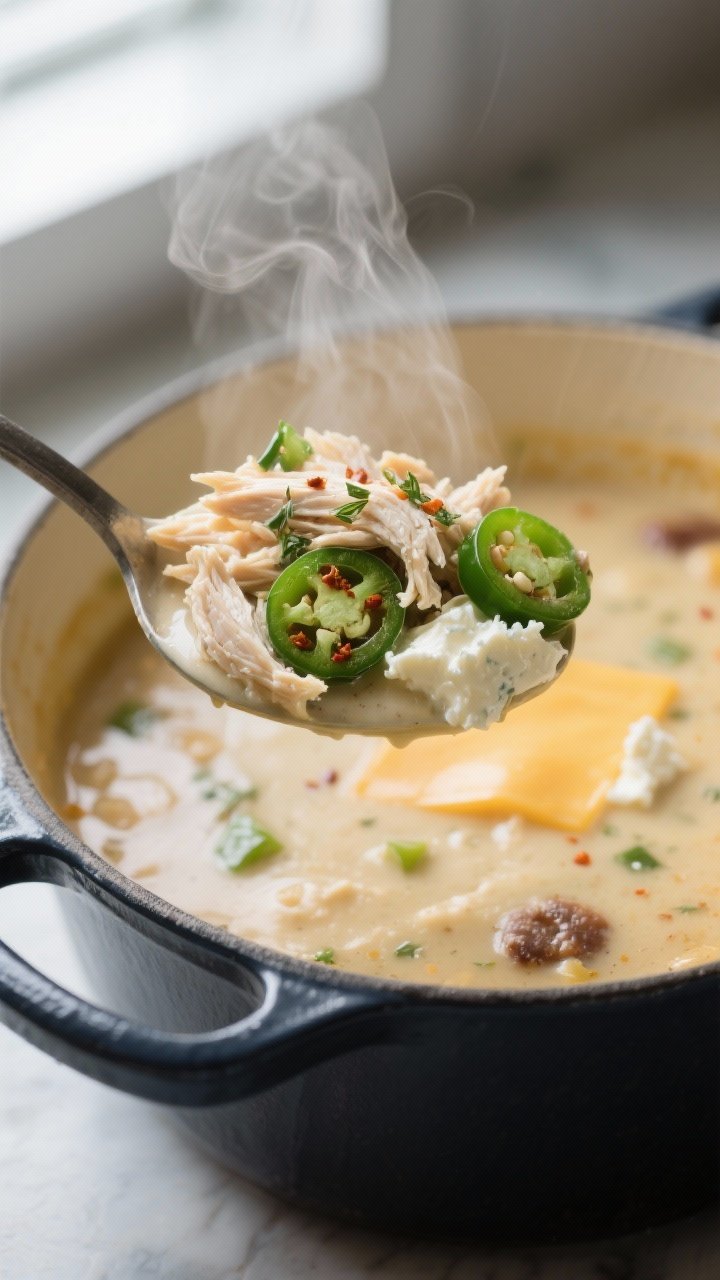 Close-up detail: A ladle lifting creamy keto white chicken chili from a Dutch oven, showing tender s
