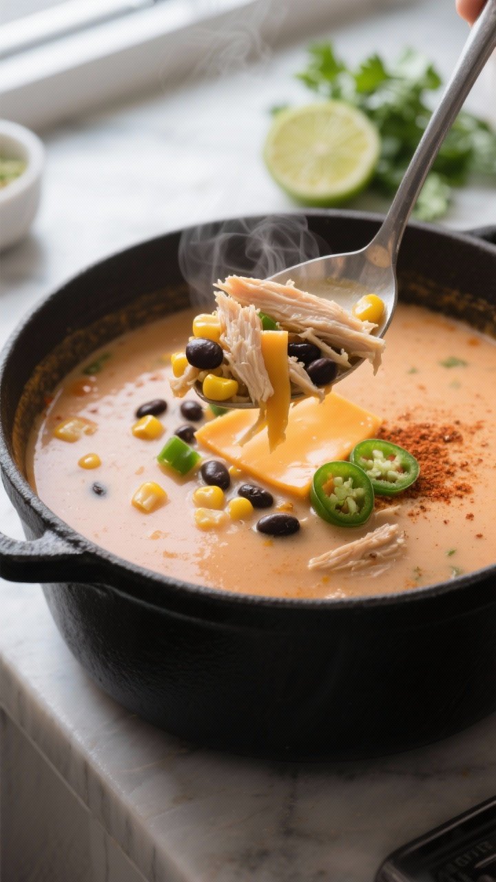 Close-up detail: A ladle lifting creamy Pepper Jack chicken soup from a matte black Dutch oven, show