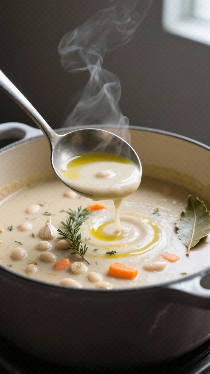 Close-up detail: A ladle lifting silky white bean and roasted garlic soup from a Dutch oven mid-simm