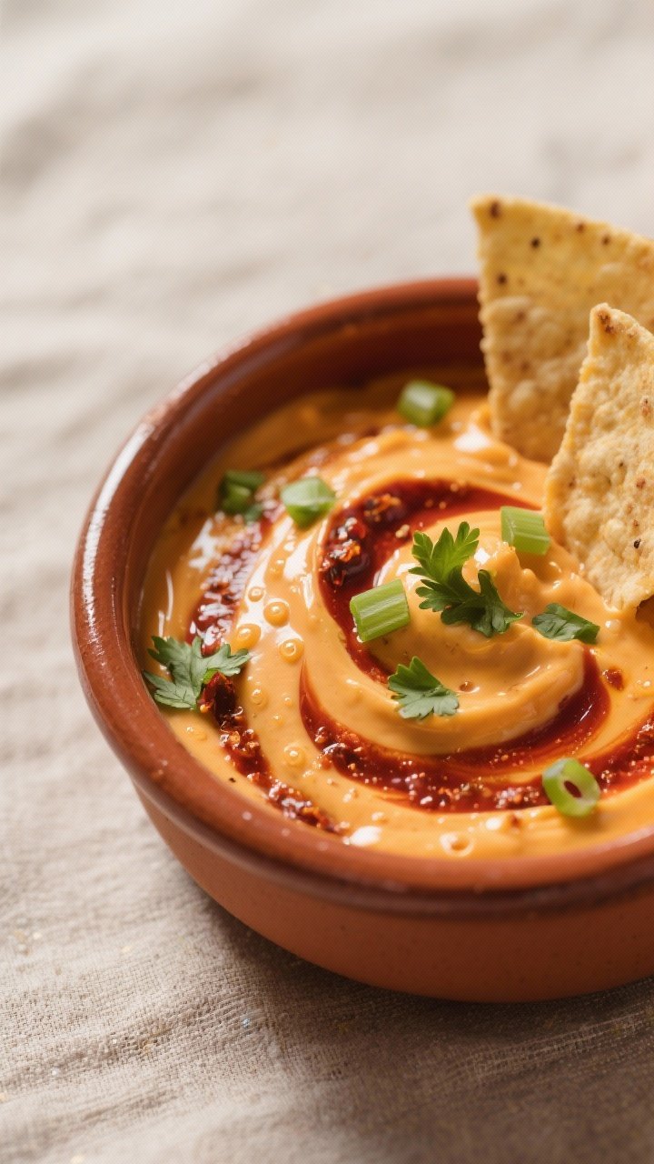 Close-up detail: A molten, creamy swirl of Smoky Chipotle Cheddar Dip in a small warm ceramic bowl,