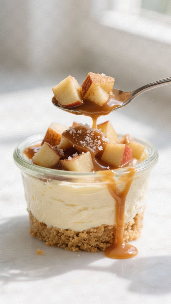Close-up detail: A no-bake caramel apple cheesecake cup mid-assembly, showing a neat graham cracker