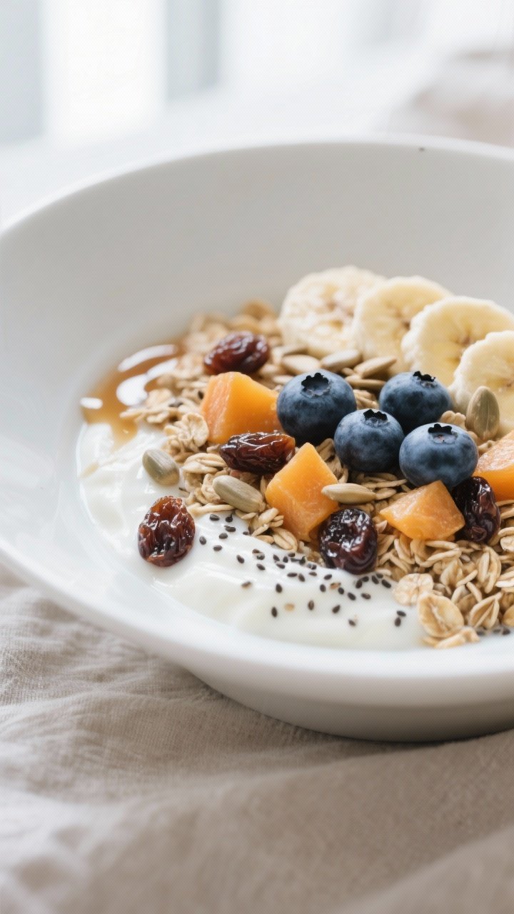 Close-up detail: A prepared bowl of high-fiber muesli layered over creamy Greek yogurt, studded with