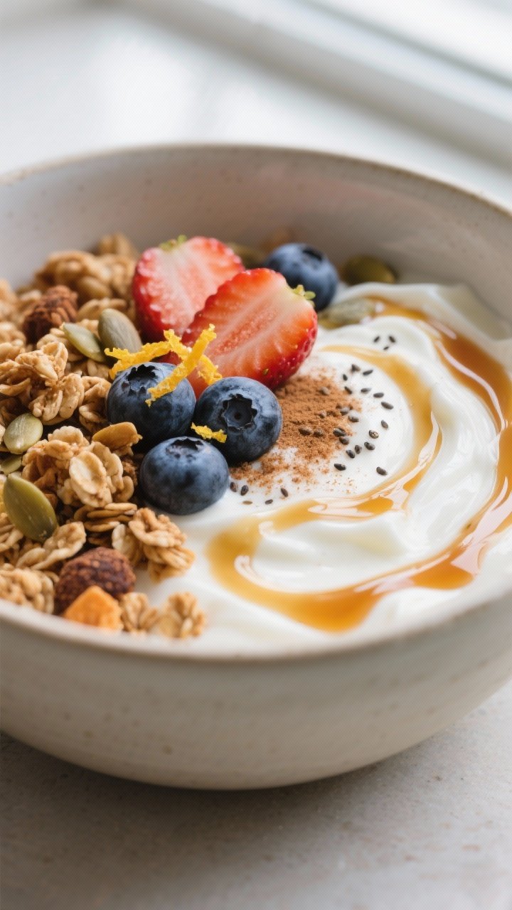 Close-up detail: A prepared Greek yogurt bowl with a glossy honey drizzle pooling into soft swirls o