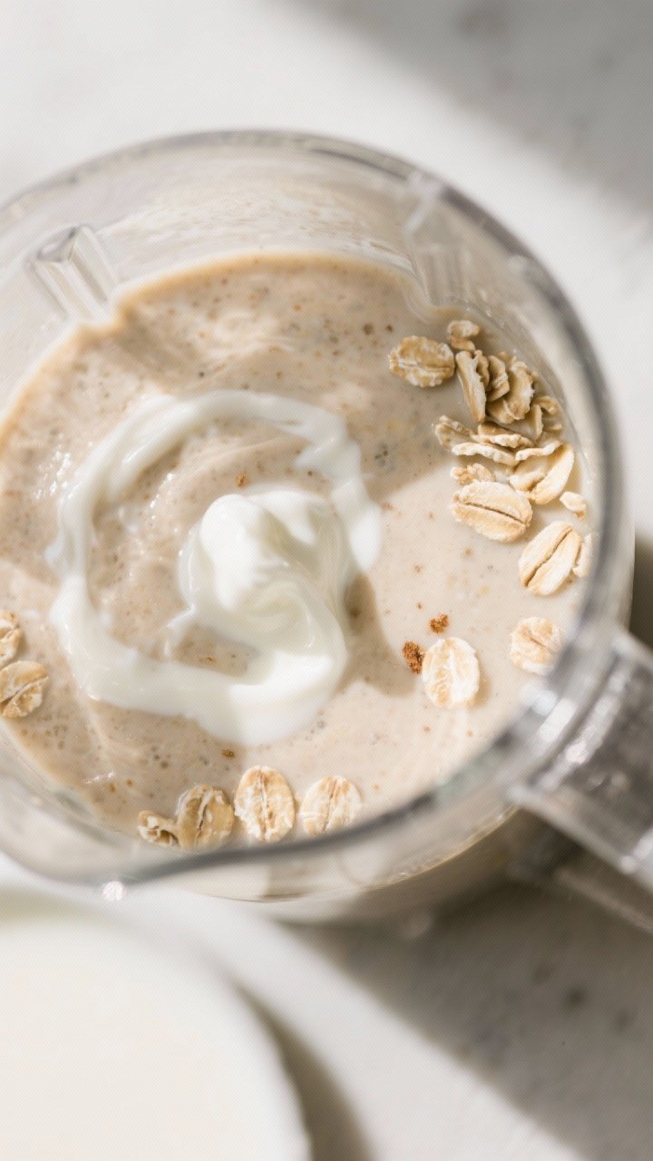 Close-up detail: A silky oatmeal smoothie mid-blend in a glass blender jar, showing hydrated oats fu