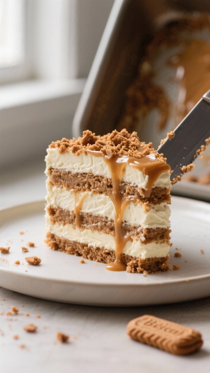 Close-up detail: A slice of no-bake Biscoff icebox cake just lifted from the pan, showing distinct s