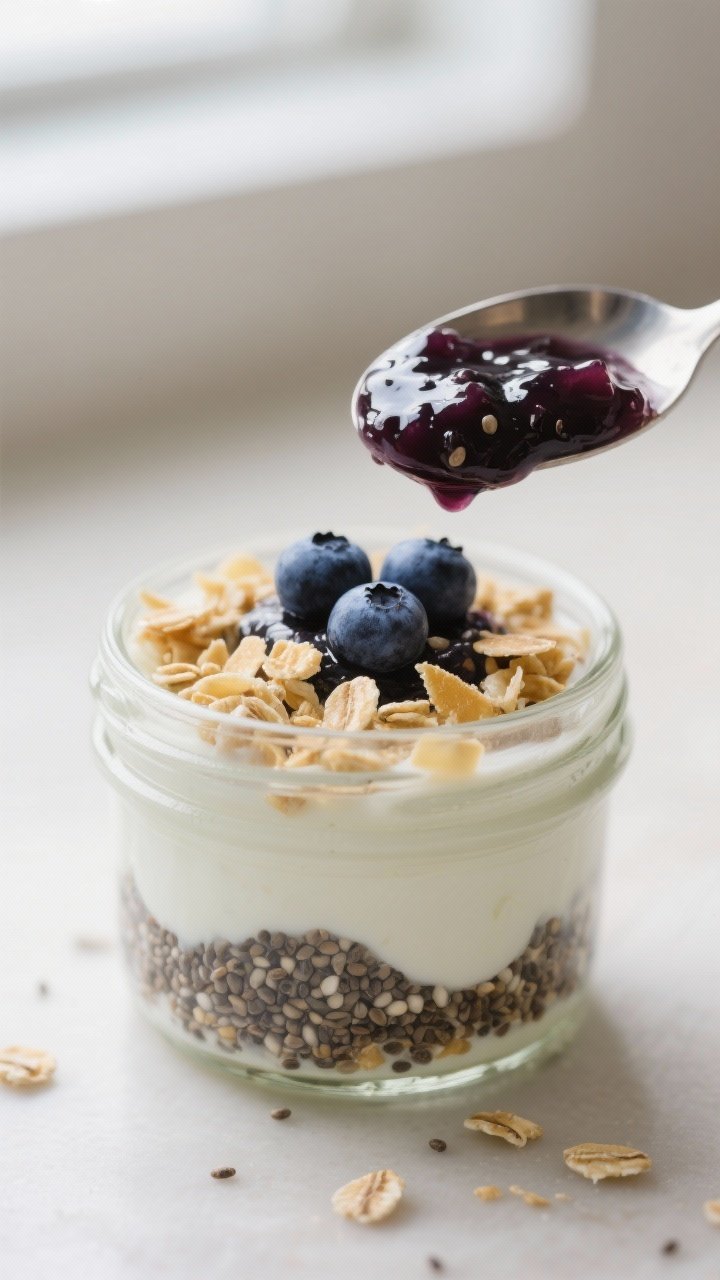 Close-up detail: A spoon hovering over a small glass jar revealing the thick, glossy blueberry-chia 
