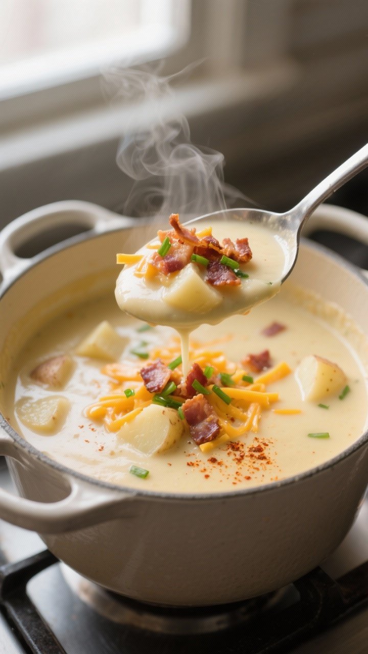 Close-up detail: A spoon lifting creamy potato cheddar soup from a Dutch oven, showing velvety textu