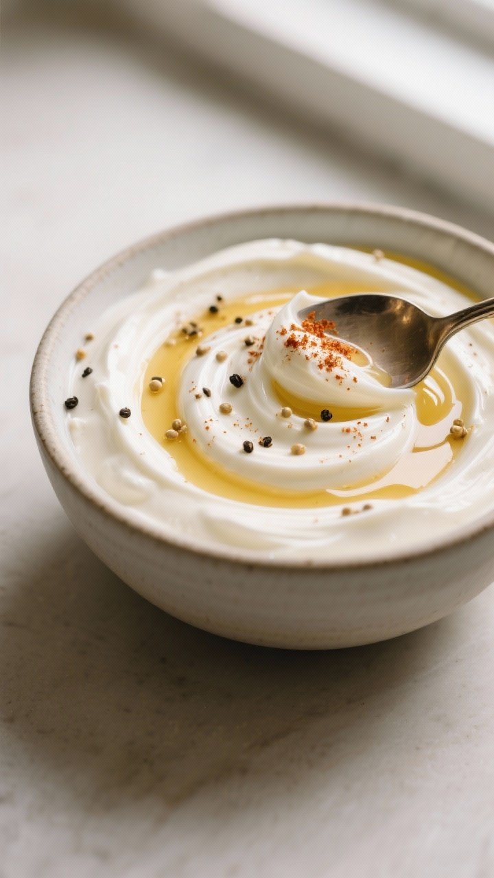 Close-up detail: A spoon swirling through freshly whisked honey mustard Greek yogurt dip in a matte