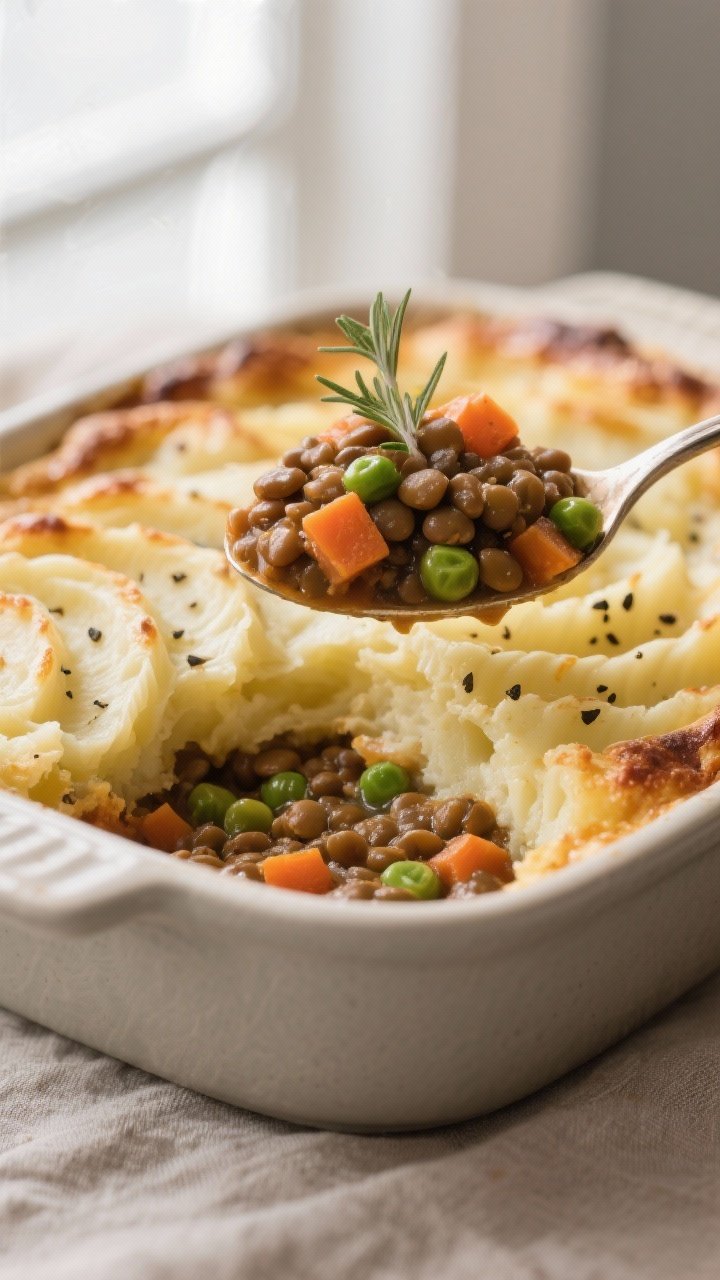 Close-up detail: A spoonful cross-section of baked lentil shepherd’s pie lifted from the casserole