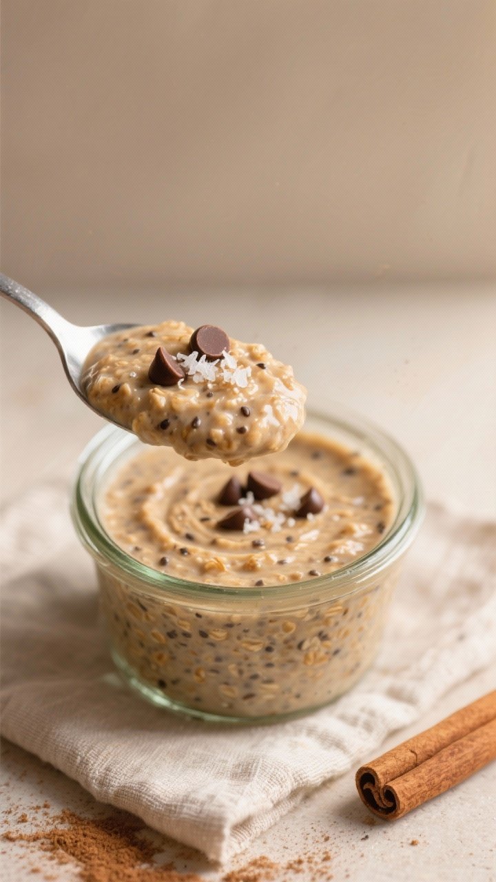 Close-up detail: A spoonful of blended oatmeal cookie overnight oats lifted from a small glass jar, 