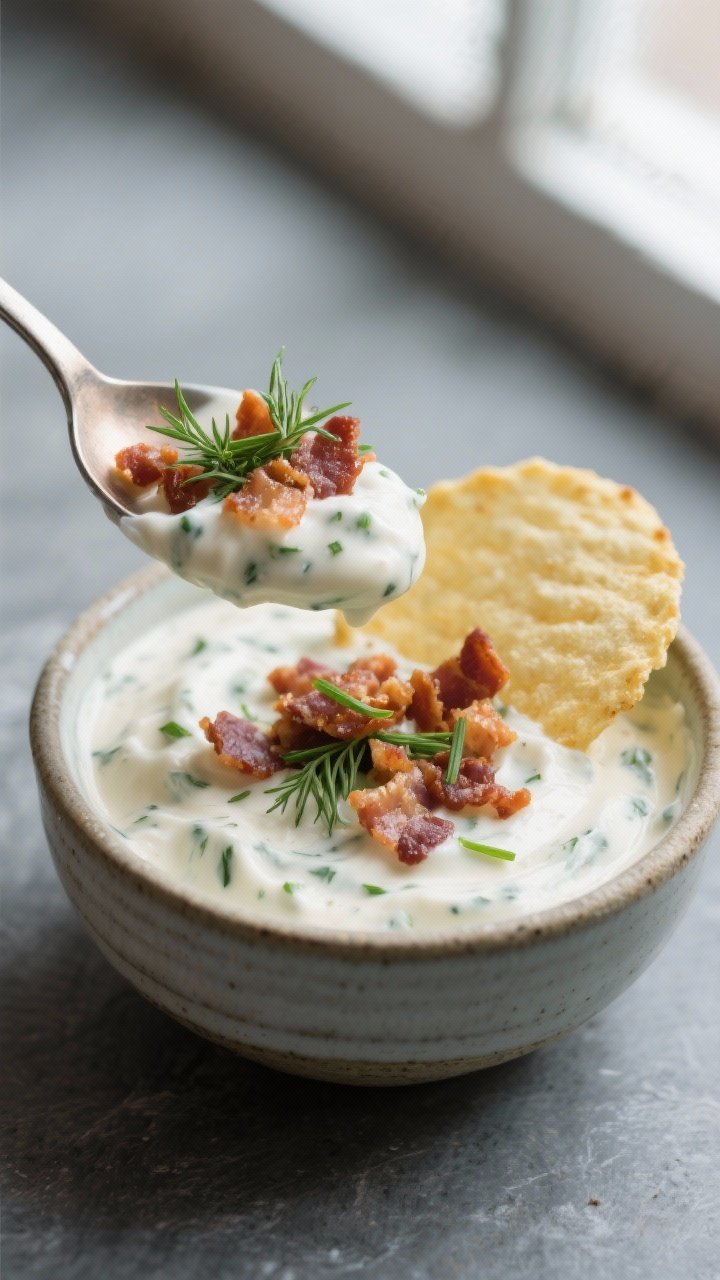 Close-up detail: A spoonful of Creamy Bacon-Style Ranch Dip hovering over a rustic bowl, showing ult