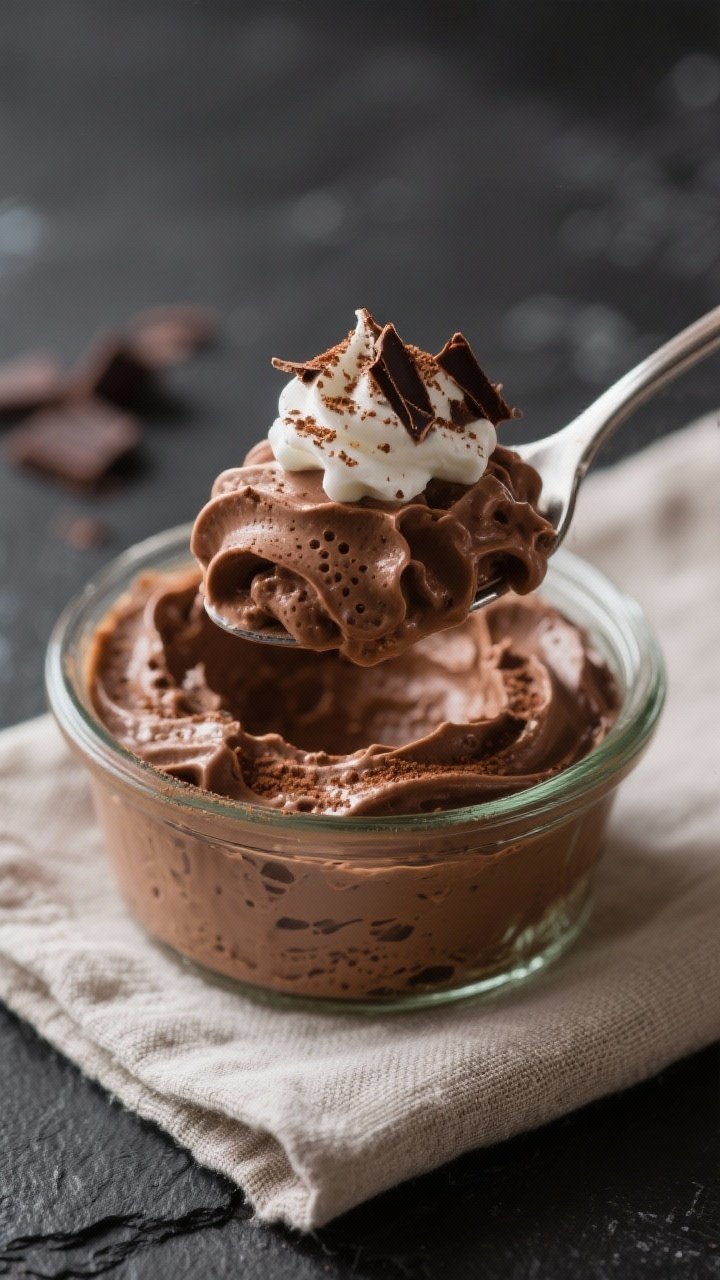 Close-up detail: A spoonful of finished keto chocolate mousse lifted from a small glass ramekin, sho