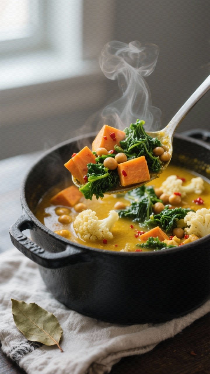 Close-up detail: A steaming ladle scooping the sweet potato & kale detox stew from a matte black Dut