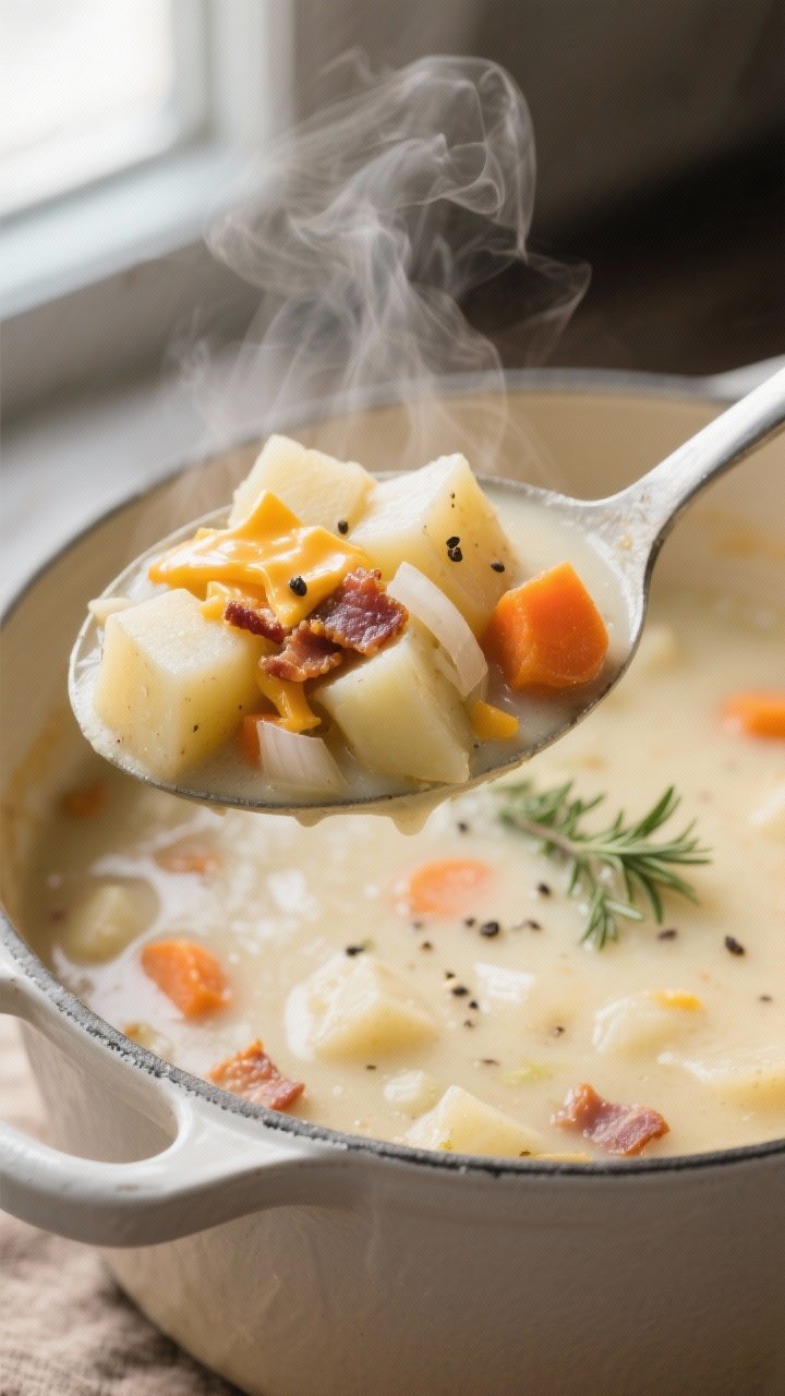 Close-up detail: A steaming ladleful of chunky homestyle potato soup being lifted from a Dutch oven,