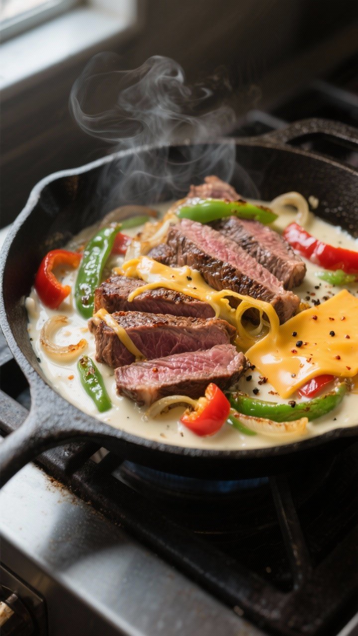 Close-up detail: A steaming skillet of seared thin-sliced ribeye with softened, lightly charred gree