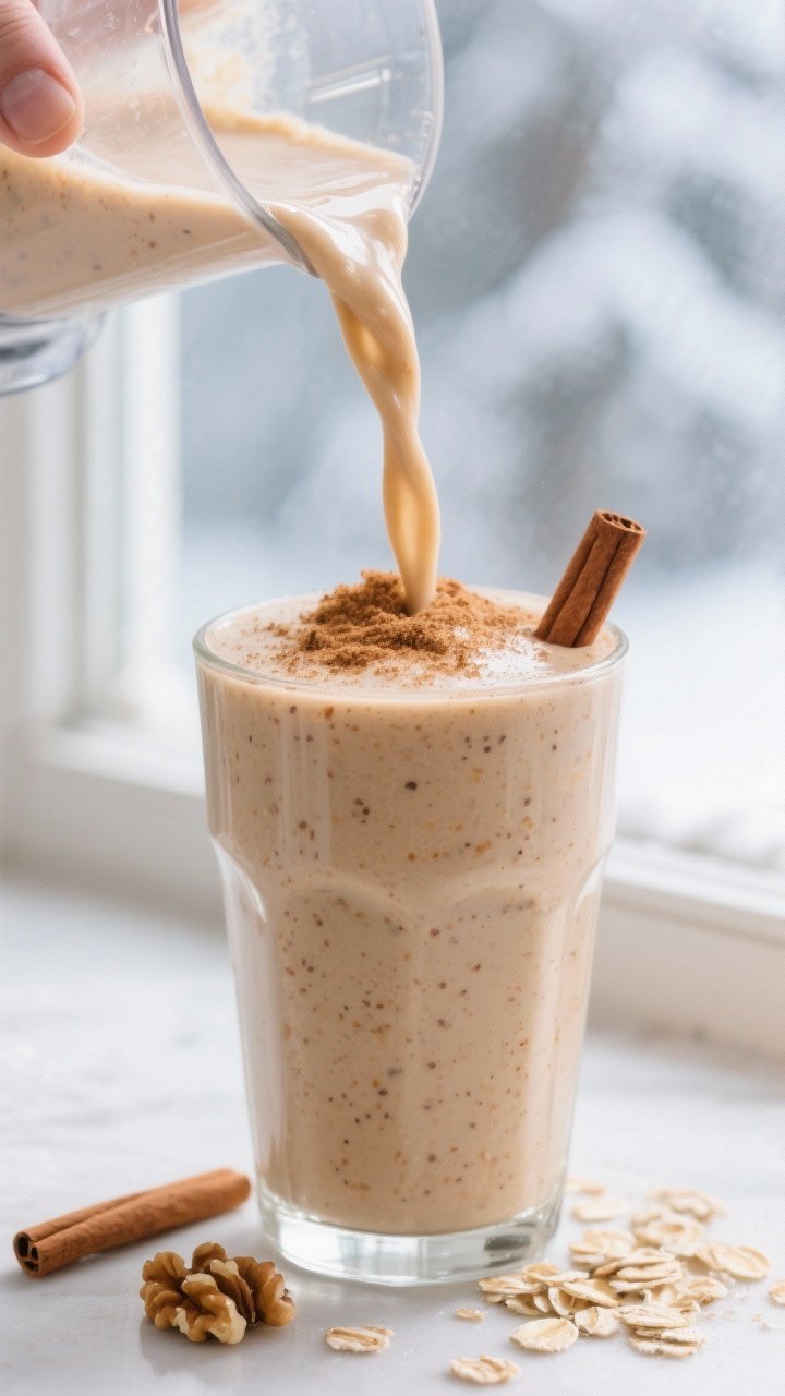 Close-up detail: A thick, creamy Apple Pie Oat Protein Smoothie being poured into a tall glass from